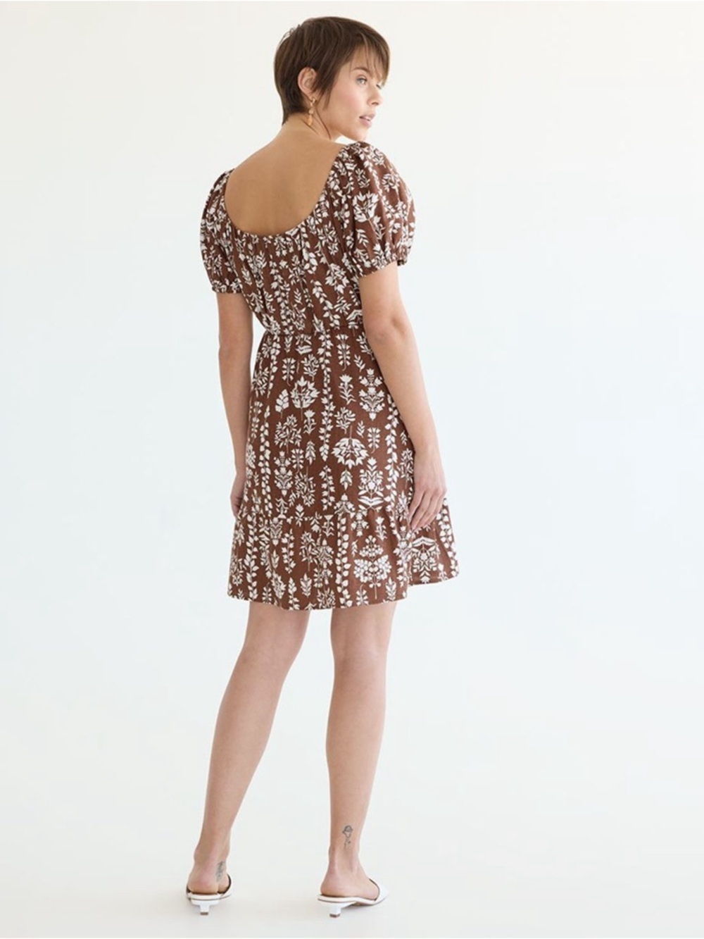 Reitmans Brown Floral Puff Sleeve Mini Dress Cottagecore Size L Linen Blend - Picture 4 of 14